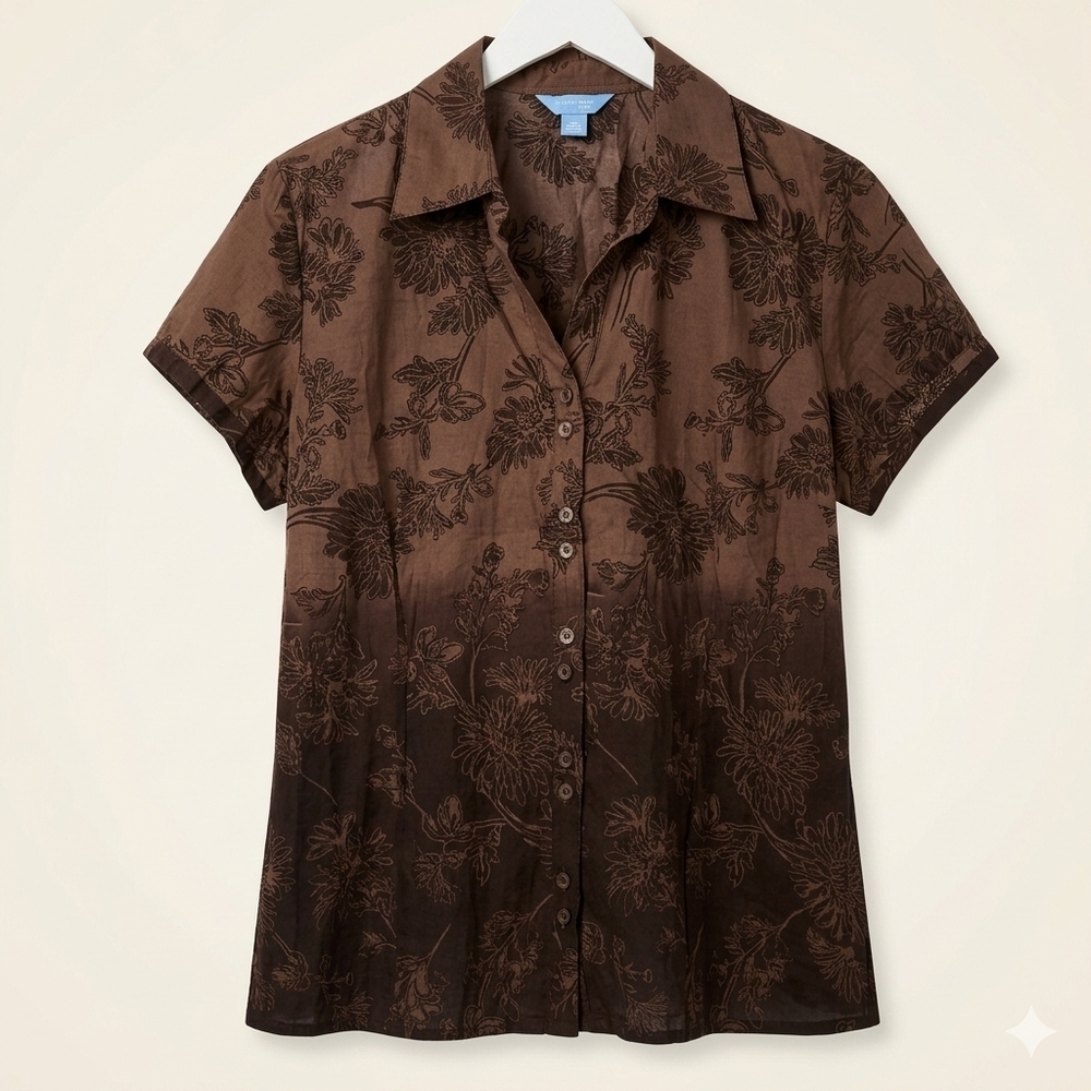 Denver Hayes XL Brown Floral Button-Down Blouse Botanical Nature Cottagecore - Picture 1 of 15